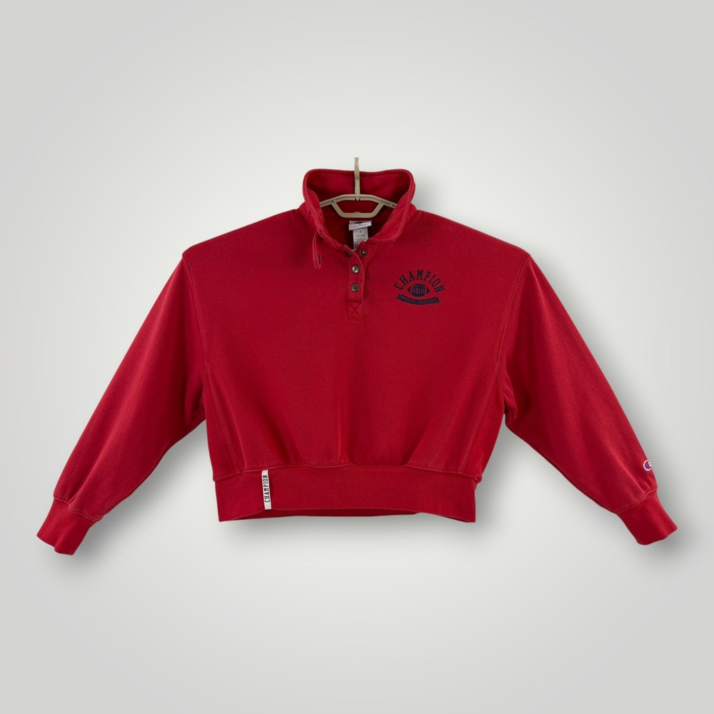 Champion Mens Red Cropped Snap Neck Sweatshirt Physical Education Graphic Small